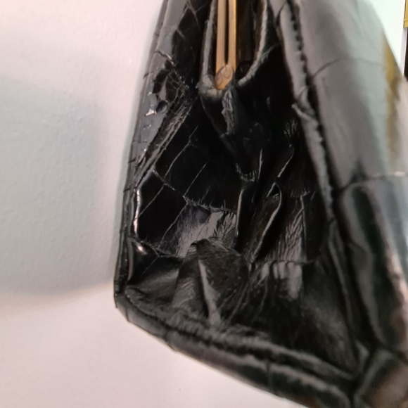Vtg Alligator Bag Black 50s EUC Double Handle - Picture 10 of 12